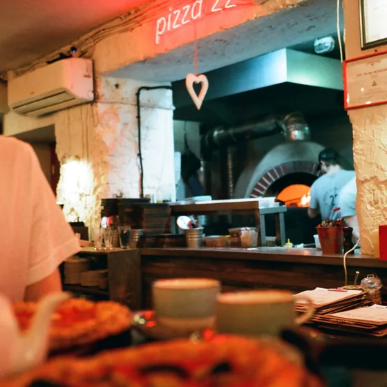 Glowing wood-fired brick oven